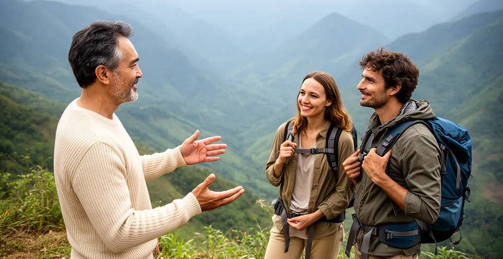 Guide vietnamien expliquant un itinéraire à des voyageurs européens