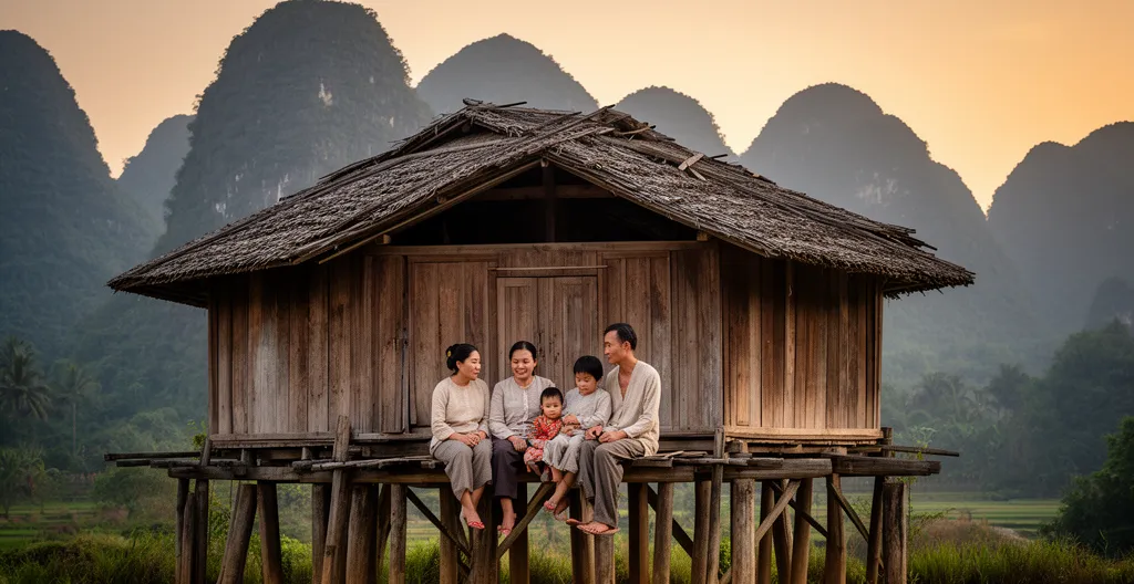 Maison sur pilotis traditionnelle avec famille locale vietnamienne