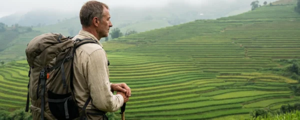 Voyageur contemplant les rizières en terrasses du nord Vietnam