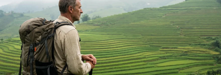 Voyageur contemplant les rizières en terrasses du nord Vietnam